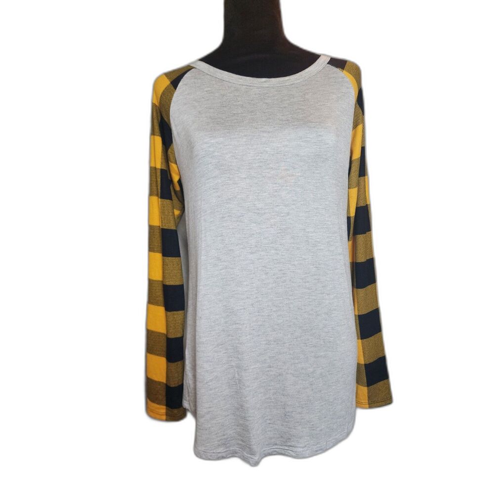 Color Bear Size L Buffalo Plaid Raglan Long Sleeve Top Grey Mustard Yellow Black
